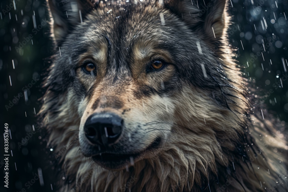 Majestic wolf with intense gaze standing under the rainfall in its natural habitat, showcasing the beauty and elegance of this untamed predator in the wild wilderness Majestic wolf with intense gaze standing under the rainfall in its natural habitat, showcasing the beauty and elegance of this untamed predator in the wild wilderness