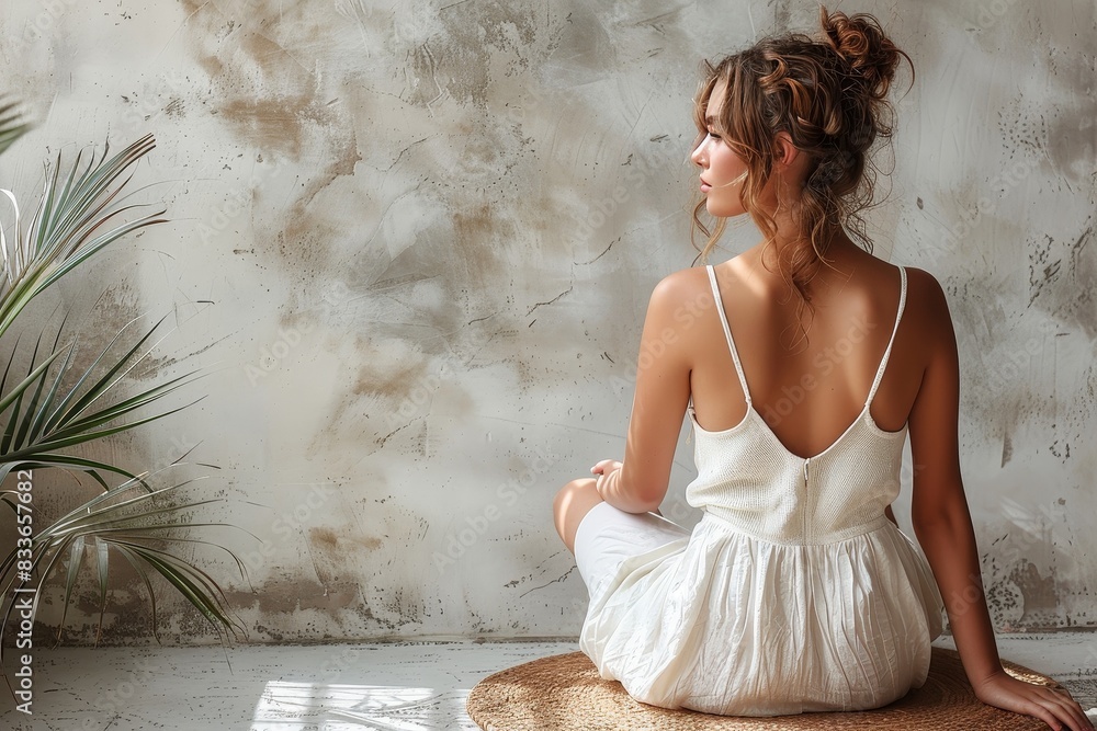 A woman sits in a meditative pose in a white sundress, in a room with a textured wall and a plant A woman sits in a meditative pose in a white sundress, in a room with a textured wall and a plant