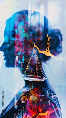 AI fairness and bias reduction, close up, focus on, bold colors, Double exposure silhouette with scales of justice photo