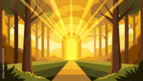 The golden rays of the sun breaking through the trees creating a natural cathedral for the Easter service.. Vector illustration