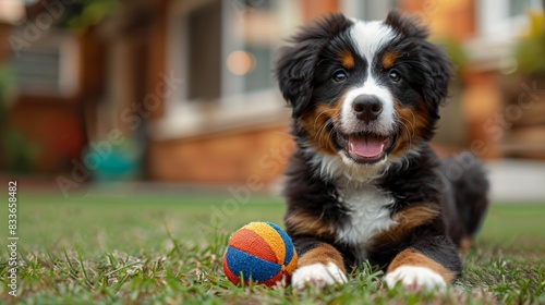 cute bernese mountain dog pup joyfully playing with a colorful ball in the backyard, representing the concept of a happy pet perfect for a banner photo