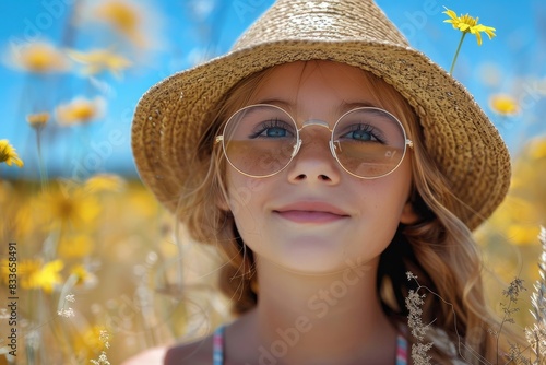 Smiling young girl with glasses amidst yellow wildflowers in a meadow
