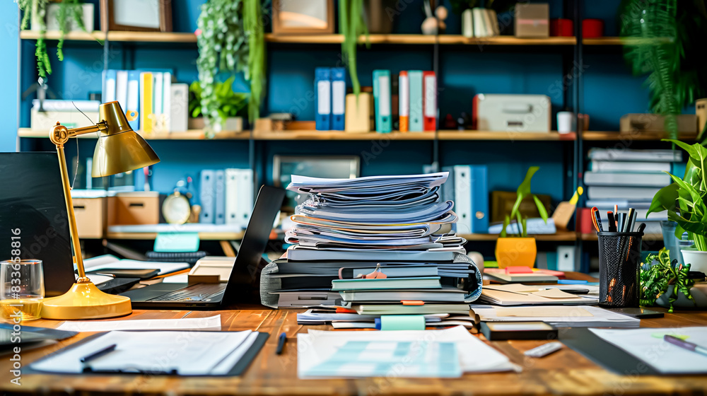 Office desk cluttered with paperwork, folders, and stationery, indicating a busy work environment Office desk cluttered with paperwork, folders, and stationery, indicating a busy work environment