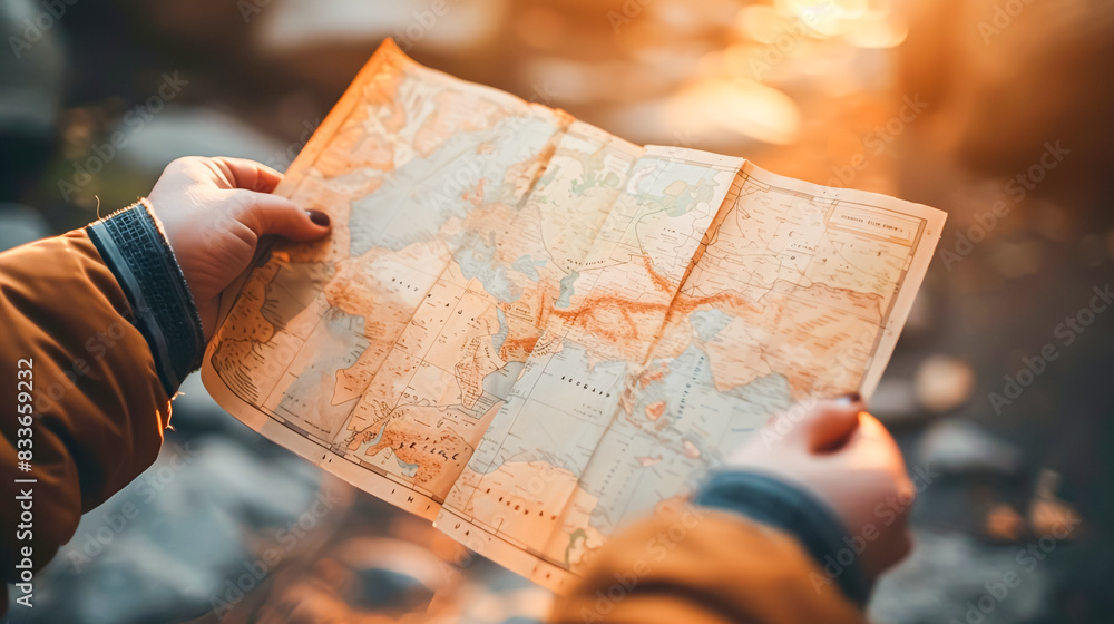 Close-up of a person's hand holding a paper map while planning a journey or adventure Close-up of a person's hand holding a paper map while planning a journey or adventure