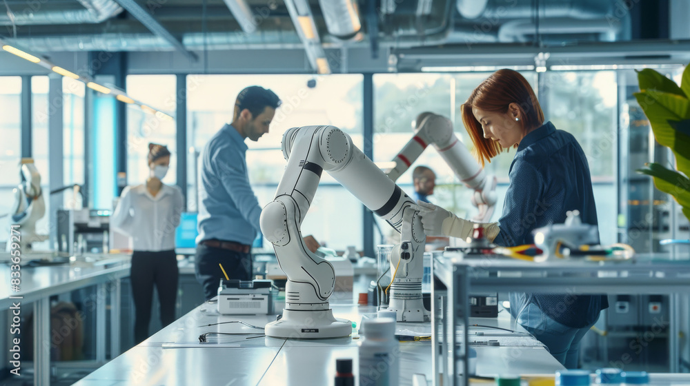 Group of People Standing Around Table With Robot Group of People Standing Around Table With Robot