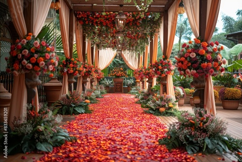 Richly decorated pathway with vibrant floral arrangements for a special occasion © Dragana