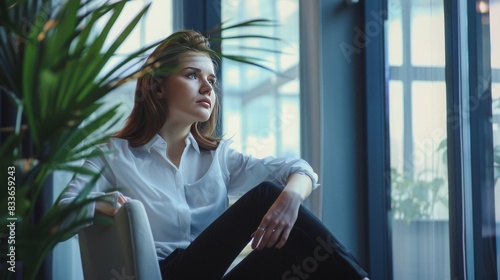 Free Download confident serious focused stylish caucasian woman is sitting in a chair in a stylish office, plants in the background, 16:9 - GFXLoad