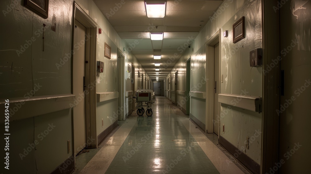 The hospital hallway is empty. The lights are flickering. There is a gurney at the end of the hall. The hospital hallway is empty. The lights are flickering. There is a gurney at the end of the hall.