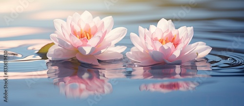 Two pink flowers on the water. Creative banner. Copyspace image