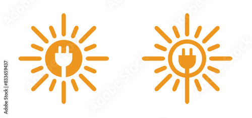 electrical plug and sun logo. Milieu, solar panels, plug and play. Environmentally friendly, sun energy. Solar panel that generate electricity. Solar, battery panel concept. Home or house concept.