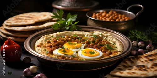 Egyptian breakfast features traditional dishes like foul medames and falafel. Concept Food & Drink, Egyptian Cuisine, Traditional Breakfast, Foul Medames, Falafel photo