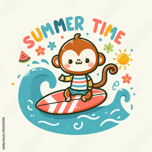 vector cute summer monkey surfing t-shirt art design