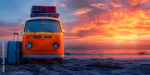 Vintage camper bus luggage set against orange background evokes sense of adventure. Concept Travel Photography, Vintage Aesthetic, Adventure Vibes, Retro Camper, Wanderlust Inspiration photo