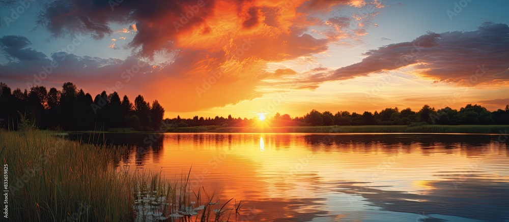 Sunset over the pond in summer. Creative banner. Copyspace image Sunset over the pond in summer. Creative banner. Copyspace image