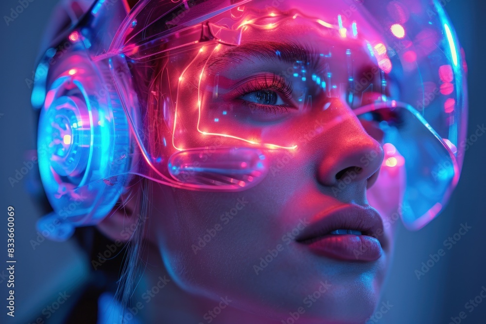 Woman with futuristic circuit board pattern on face Woman with futuristic circuit board pattern on face