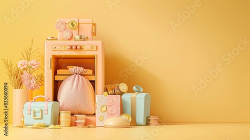 Gentle pastel yellow backdrop with a 3D illustration of a safe box slightly ajar, revealing a money bag and coins, in a flat minimalstyle for a sense of abundance photo