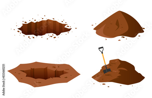 Ground pit and pile with a shovel. Cartoon hole in a soil. Vector illustration isolated on a white background.