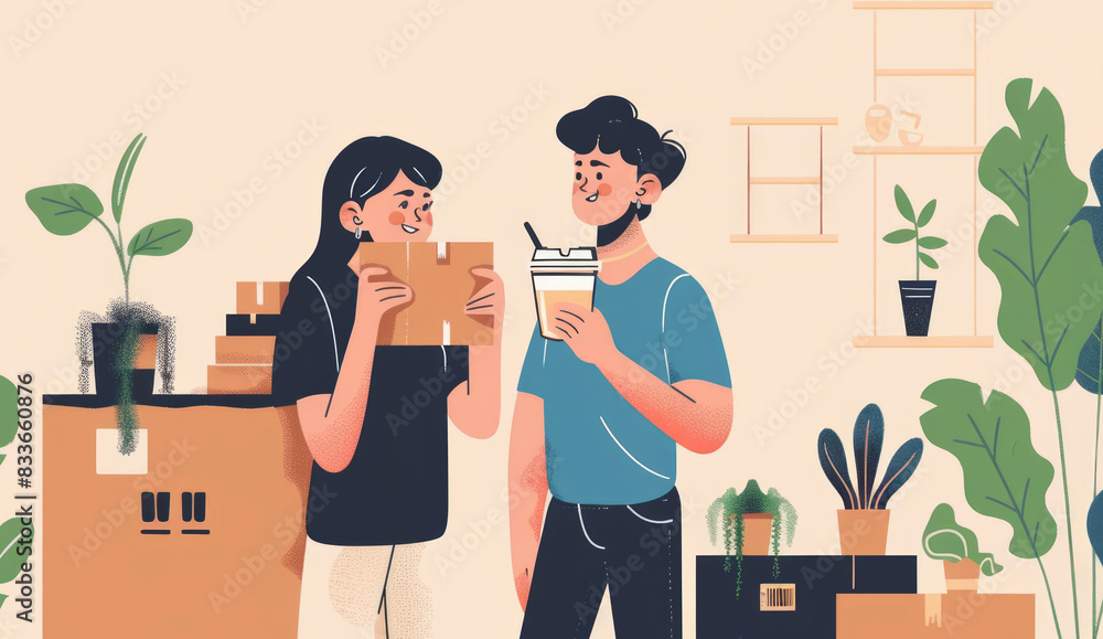 Illustration,happy couple drinking coffee in new home after moving boxes. 