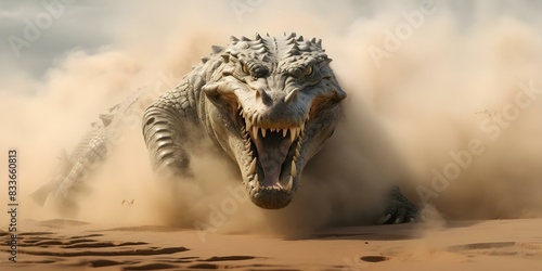 Crocodile in sandstorm in desert unique and unexpected natural encounter. Concept Wildlife Photography, Sandstorm Encounter, Desert Adventure, Unexpected Wildlife Encounter, Nature Connection