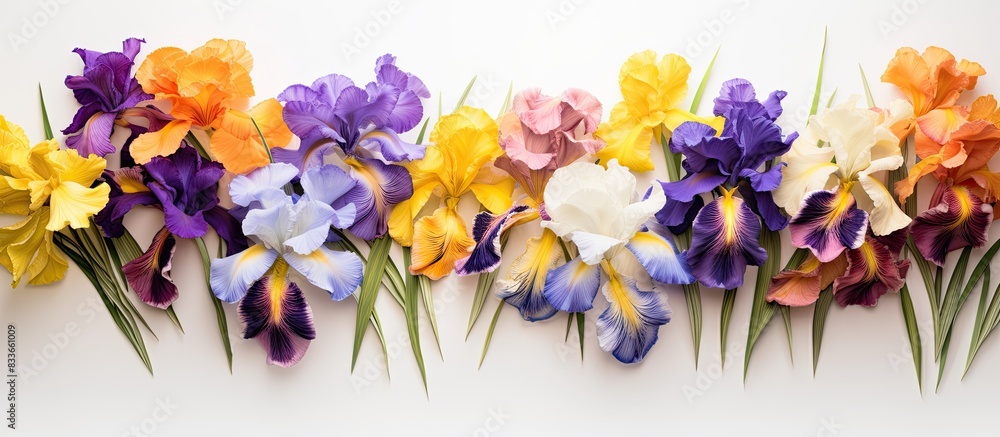Various colorful irises isolated on a white background. Creative banner. Copyspace image Various colorful irises isolated on a white background. Creative banner. Copyspace image