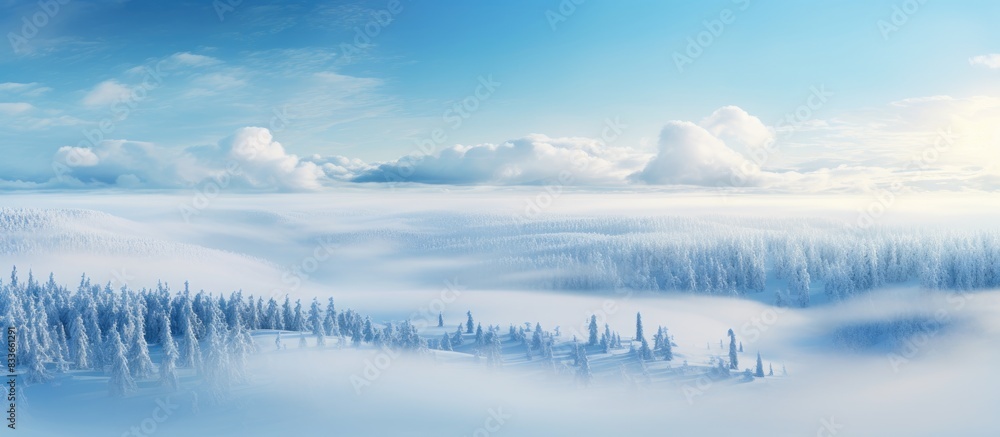 Naklejka premium Landscape winter forest cloud sky sunny day From above. Creative banner. Copyspace image