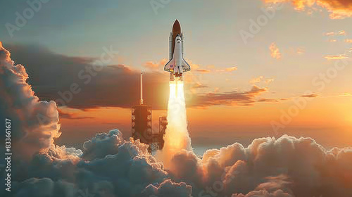 Fototapeta Naklejka Na Ścianę i Meble -  New Ship Rocket flies to another planet. Spaceship lift off into the starry sky space. Rocket starts mission into space