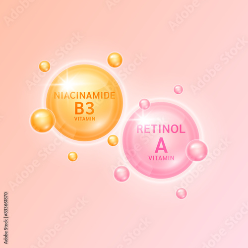 Retinol or vitamin A orange and Niacinamide or vitamin B3 pink. Helps keep skin moisturized and youthful. For cosmetic advertising medical beauty. Vector EPS10.