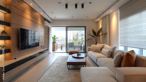 The modern style of the apartment is characterized by clean lines  a neutral color palette and minimalist elements. High quality materials such as glass  metal and natural wood are used.