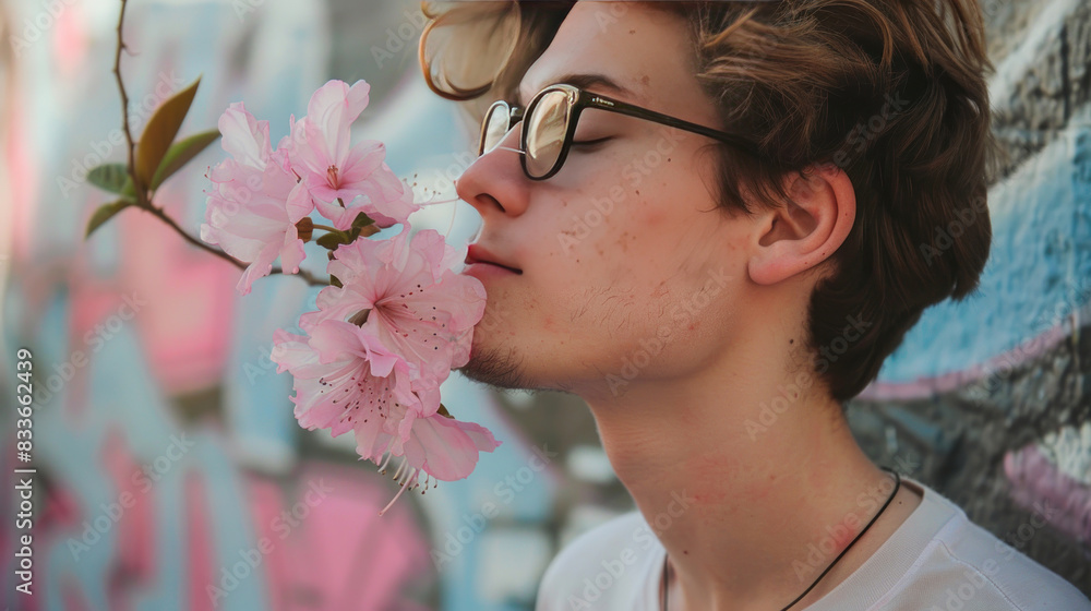 Fototapeta premium Candid shot of a young man enjoying the scent of a pink flower, standing in front of an urban wall, blending natural beauty with a cityscape ambiance.