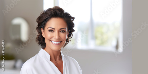 Free Download Hispanic woman, youthful skin, satisfied smile after cosmetic procedures, in a modern beauty clinic. - GFXLoad