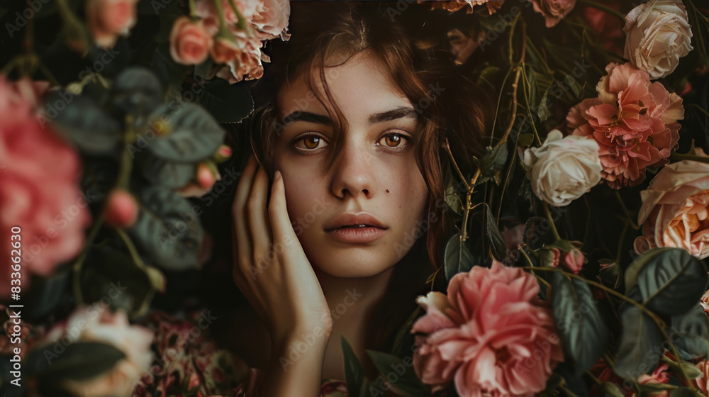 Captured in a moment of tranquility, a woman gazes into the distance, framed by a stunning floral wallpaper, while her hands lovingly hold a bouquet of enchanting flowers. Captured in a moment of tranquility, a woman gazes into the distance, framed by a stunning floral wallpaper, while her hands lovingly hold a bouquet of enchanting flowers.