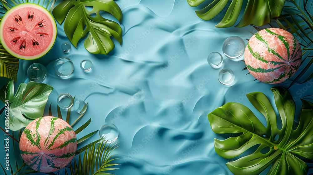 Naklejka premium Watermelon and Tropical Leaves on Blue Background