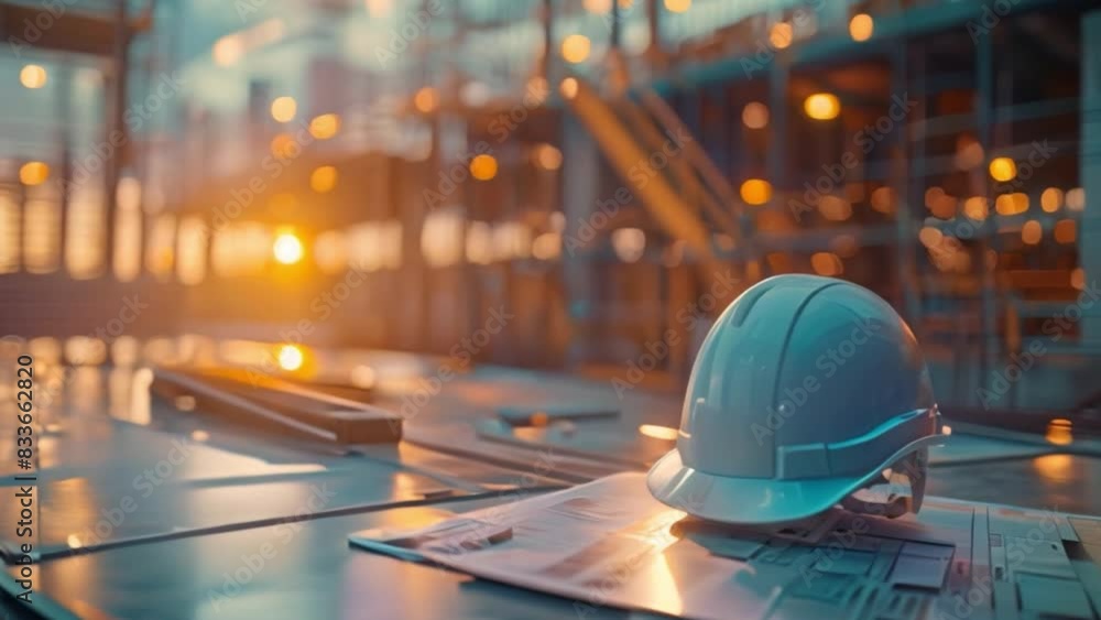 Engineer hard hat at a golden sunset on a city construction site The project schedule for creating and constructing residential and commercial buildings in the evening on the construction site. Engineer hard hat at a golden sunset on a city construction site The project schedule for creating and constructing residential and commercial buildings in the evening on the construction site.