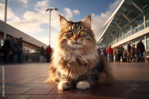 Portrait of a funny manx cat in bustling airport terminal background photo