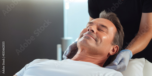 Middle-aged Hispanic man receiving a cosmetic procedures, injections or massage. In a well-equipped cosmetic clinic.