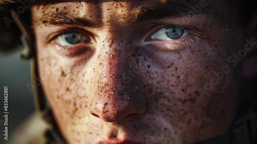 Closeup of Soldier after fighting in war looking at camera © Saim Art