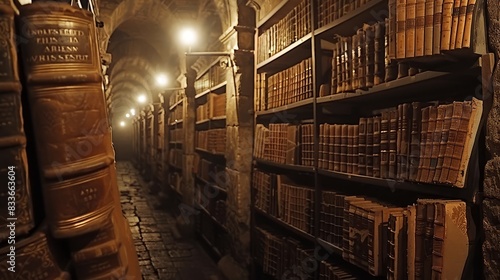The image shows a long library with books on both sides and a stone floor. photo