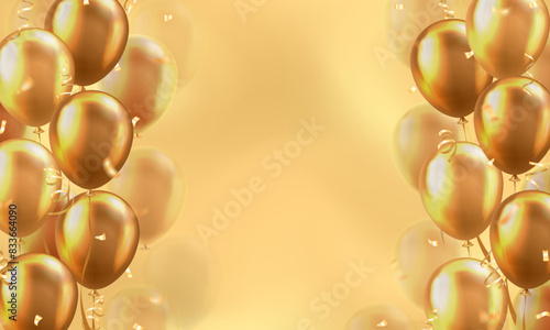 Template of background with 3d golden realistic balloons with confetti or ribbons frame and empty space for greeting text or invitation. Luxury wallpaper or banner for Birthday party celebration