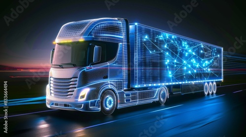 A blue truck with a blue engine is shown in a computer generated image
