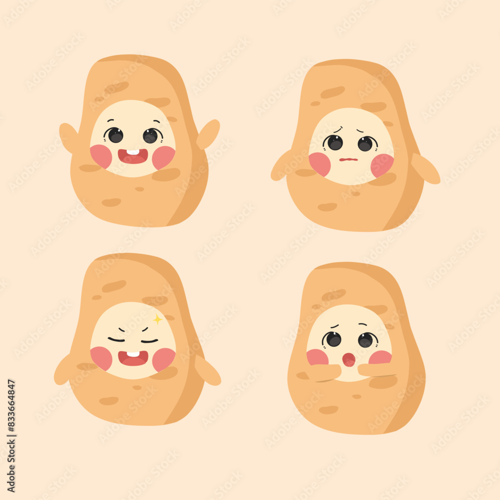 character set of cute Kawaii potato with various emoticon character set of cute Kawaii potato with various emoticon