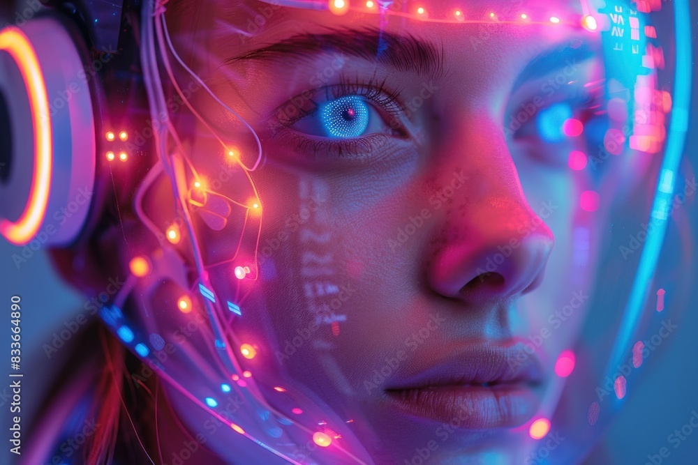 Woman with futuristic circuit board pattern on face Woman with futuristic circuit board pattern on face