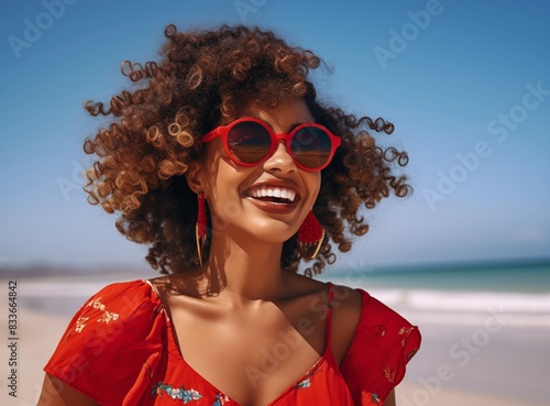 Beautiful black woman in red dress on the beach. African woman in red sundress and sunglasses having fun on the beach © Johnovich