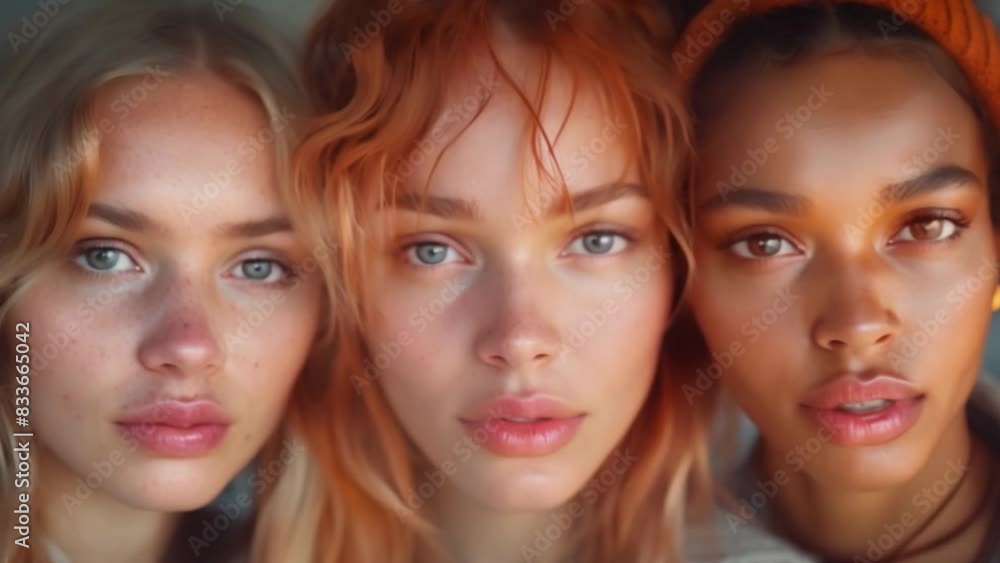 A group of models displaying their various hairstyles and lengths are featured in this warm and inviting studio portrait that emphasizes shine and texture in fashion studio aesthetics. A group of models displaying their various hairstyles and lengths are featured in this warm and inviting studio portrait that emphasizes shine and texture in fashion studio aesthetics.