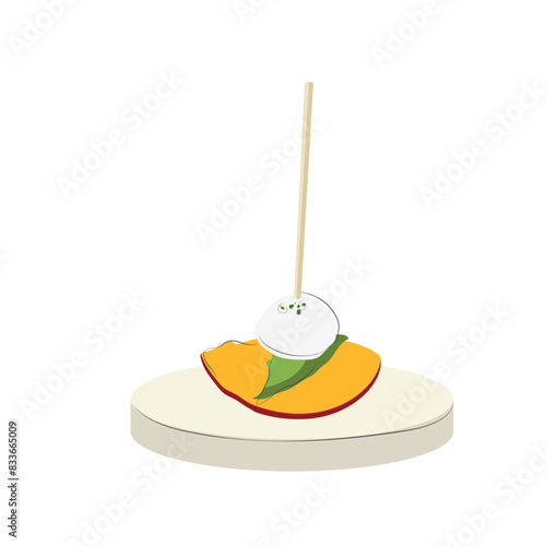 Canape of food vector illustration on white background. Isolated cartoon illustration of appetizer. Vector finger food. Peach, mozzarella, basil