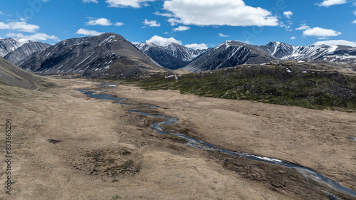 stunning landscapes of mountains, lakes and rivers from a drone flight in the southern regions of Altai in May