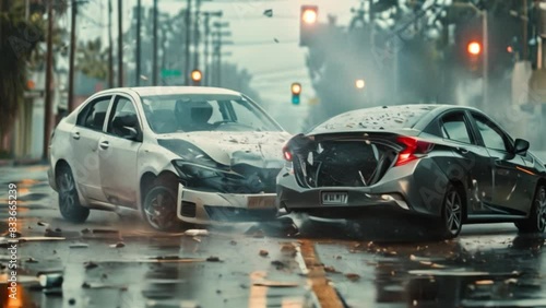 A roadside collision involving two cars A car that was on fire at the scene of the collision caused significant accidents and damage.