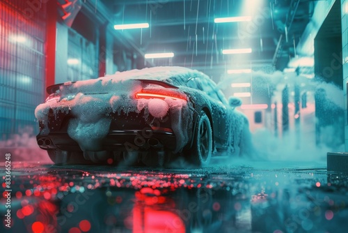 One of the best features of the self-service carwash is the ability to use foam that lifts dirt off the surface, followed by sprinkling water that rinses it clean photo