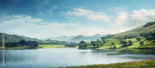 A summer lake near the hill Without sky. Creative banner. Copyspace image