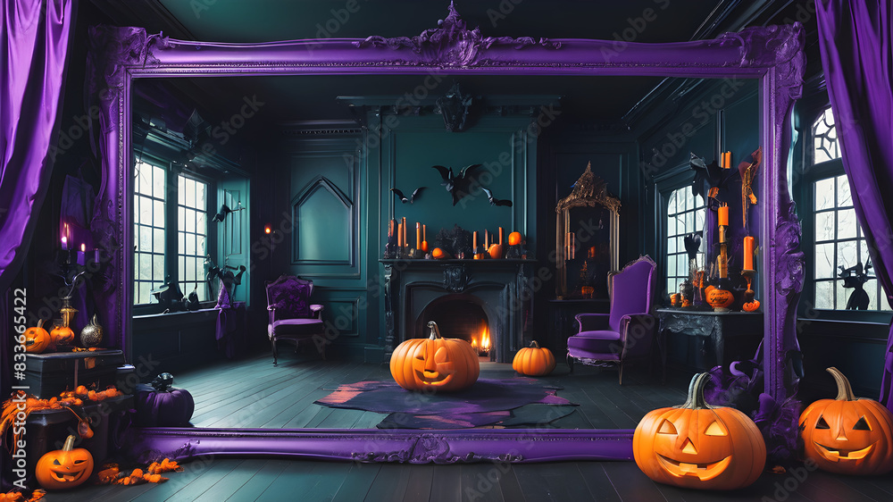 Obraz premium Creepy Halloween Decor: Eerie Castle in a Festive Autumn Frame