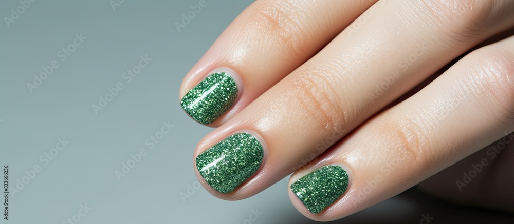 A female hand showcasing a flawless manicure with a glittery green nail polish design captured as a copy space image on a white background A female hand showcasing a flawless manicure with a glittery green nail polish design captured as a copy space image on a white background